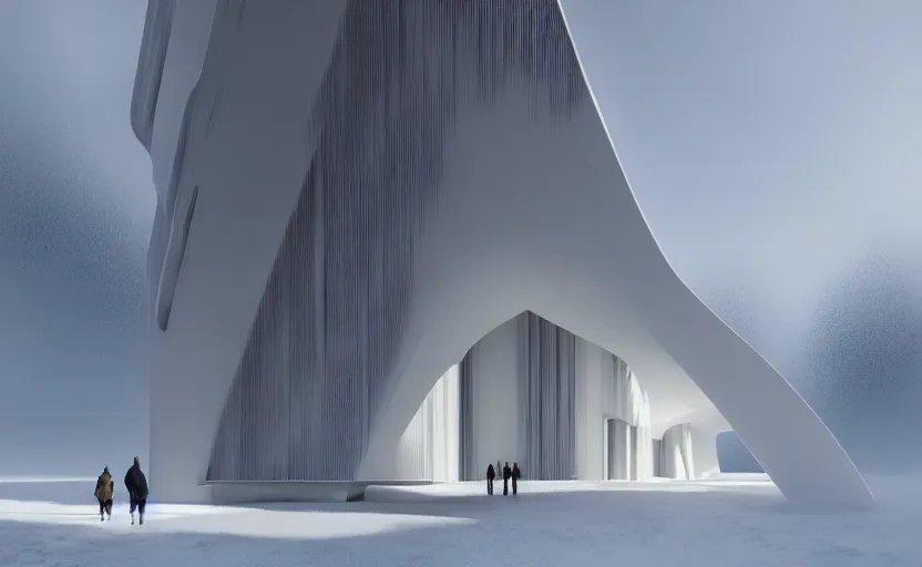 Image similar to exterior painting of a white architecture by zaha hadid and peter zumthor, darek zabrocki, greg ruthkowski, cinematic and blue cold atmospheric, archviz, archdaily, deezen, concept art, artstation, trending on artstation