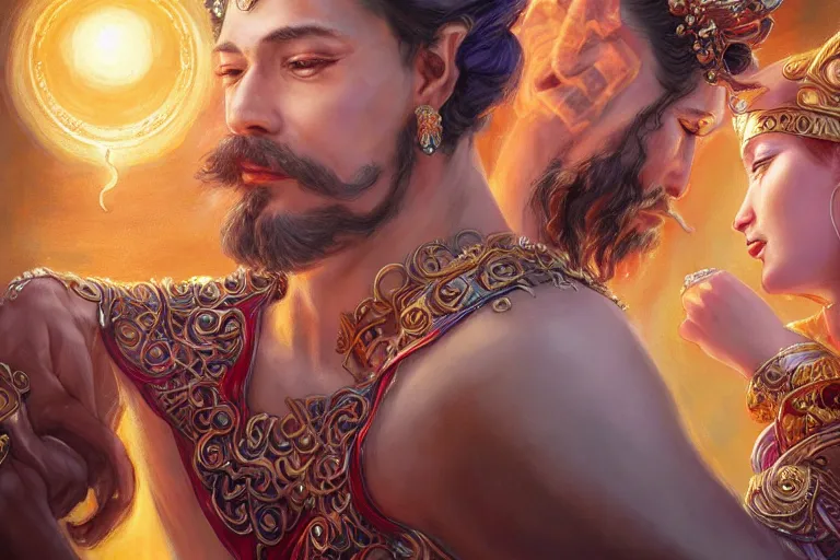 Image similar to close up moment of a divine a sun god and a moon goddess lovers magician at a wedding banquet, highly detailed, d & d, fantasy, highly detailed, digital painting, trending on artstation, concept art, sharp focus, illustration, art by artgerm and greg rutkowski and magali villeneuve