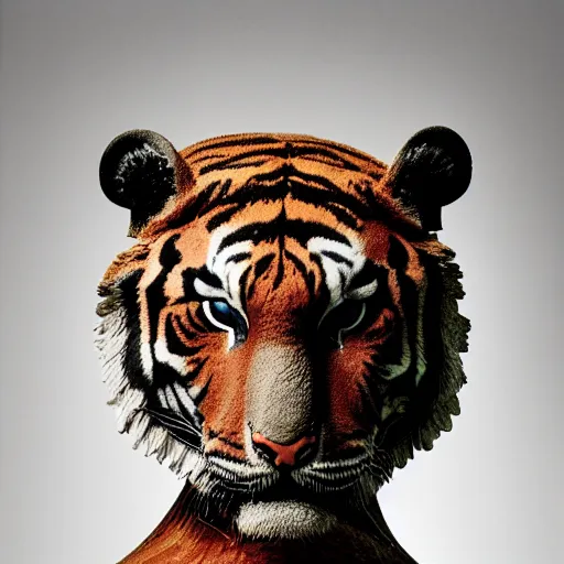 Prompt: a statue of a tiger [ fabricated with [ roses ]!! ], [ 4 k photorealism ]!!, shot by jimmy nelson, irving penn, peter kemp, hans bellmer, and slim aarons