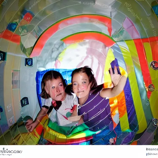 Image similar to a darkly lit indoor children's bounce house photo taken with a deposable camera limital space