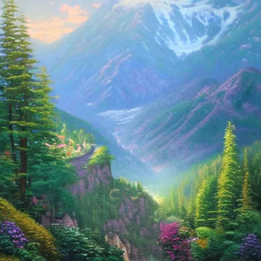 Prompt: five star award winning Oil Painting of Emerald Valley by Thomas Kinkade, -step 50
