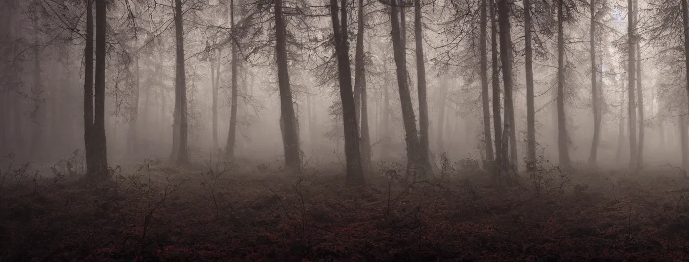 Prompt: dark foggy old forest in the night with fluorescent creepy metal rust robots searching for remaining humans, postapo style, heavy rain, reflections, high detail, dramatic moment, motion blur, dense ground fog, dark atmosphere, saturated colors, by darek zabrocki, render in unreal engine - h 7 0 4