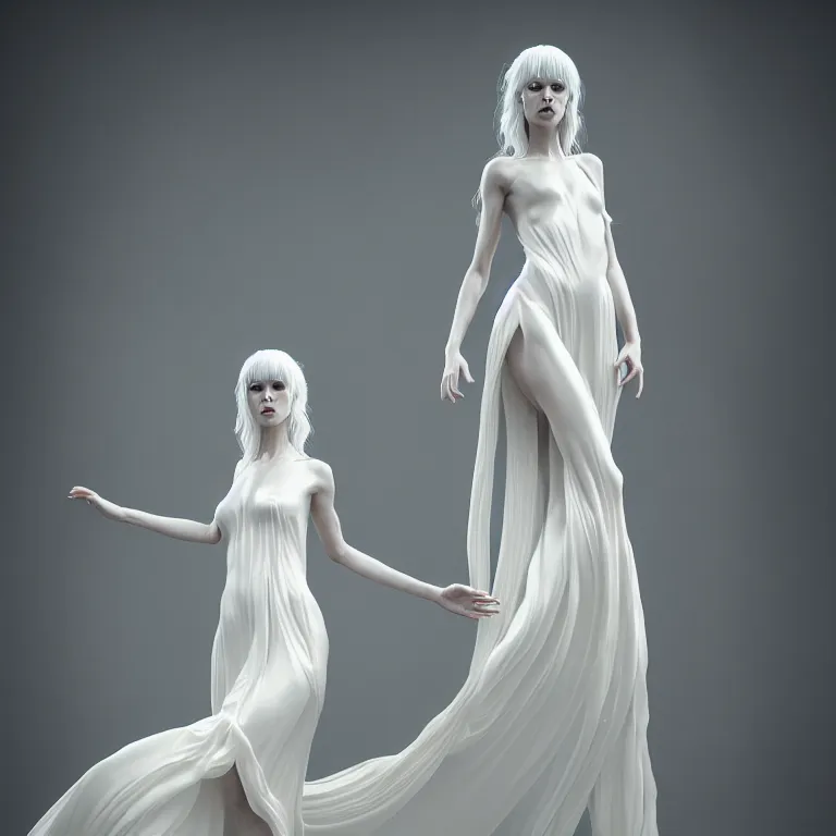 Image similar to alone with herself wonderful symmetrical liquid albino goddess with a beautiful porcelain body dressed with a majestic semi transparent silk cream roses long dress, hightly ornate, intricate, detailed, dramatic light, award winning, octane render, meredit frampton style