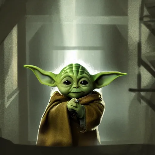 Prompt: In a darkened echoey room (The Mirror of Erised) reflects back the image of an extremely cute (baby yoda Grogu), scifi fantasy, realistic, hyperdetailed, UE5, Harry Potter