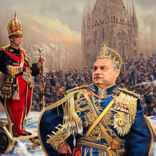 Image similar to an extremely realistic portrait depicting the coronation of hungarian prime minister viktor orban dressed in royal national costume, on the frozen danube, detailed, intricate, elegant, fat, highly detailed, digital painting, artstation, concept art, smooth, sharp focus, illustration,