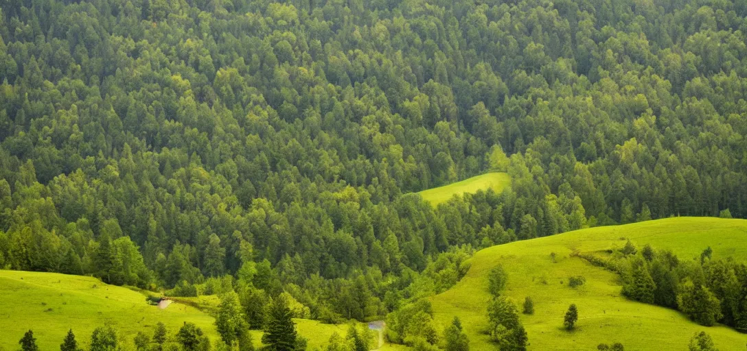 Image similar to The landscape of a green hilly forest somewhere in Germany, a country road is visible, through which a deer runs, ultra detailed