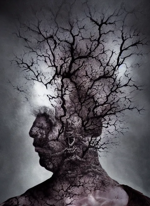 Image similar to dramatic matte portrait painting of man with black mandelbrot fractal instead of face, horror, body horror, dark art, 4 k, detailed, realistic, psychotic, insane, crazy, mental illness, dramatic,