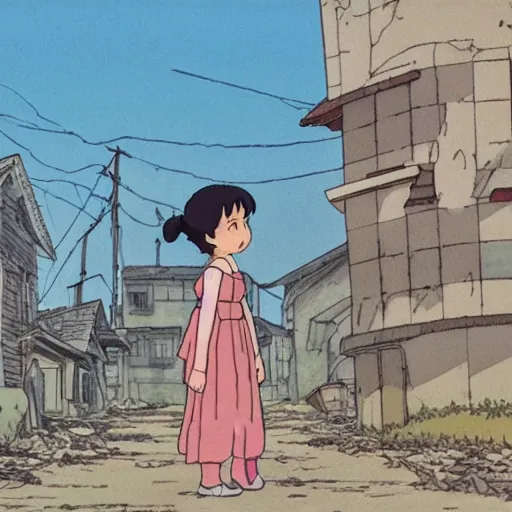 Image similar to ghost of a young girl, a burnt out village, cel shaded, studio ghibli, hayao miyazaki