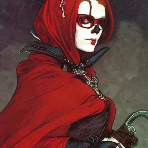Prompt: DND character, portrait of a dangerous woman wearing white skull facepaint and sunglasses and a black hooded cloak, she has short red hair and holds a large sword, video game art, trending on artstation, Gerald Brom, Alphonse Mucha