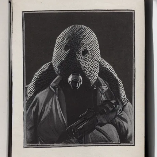 Image similar to criminal wearing a balaclava holding an automatic weapon, horror theme, detailed, elegant, intricate, conceptual, volumetric light