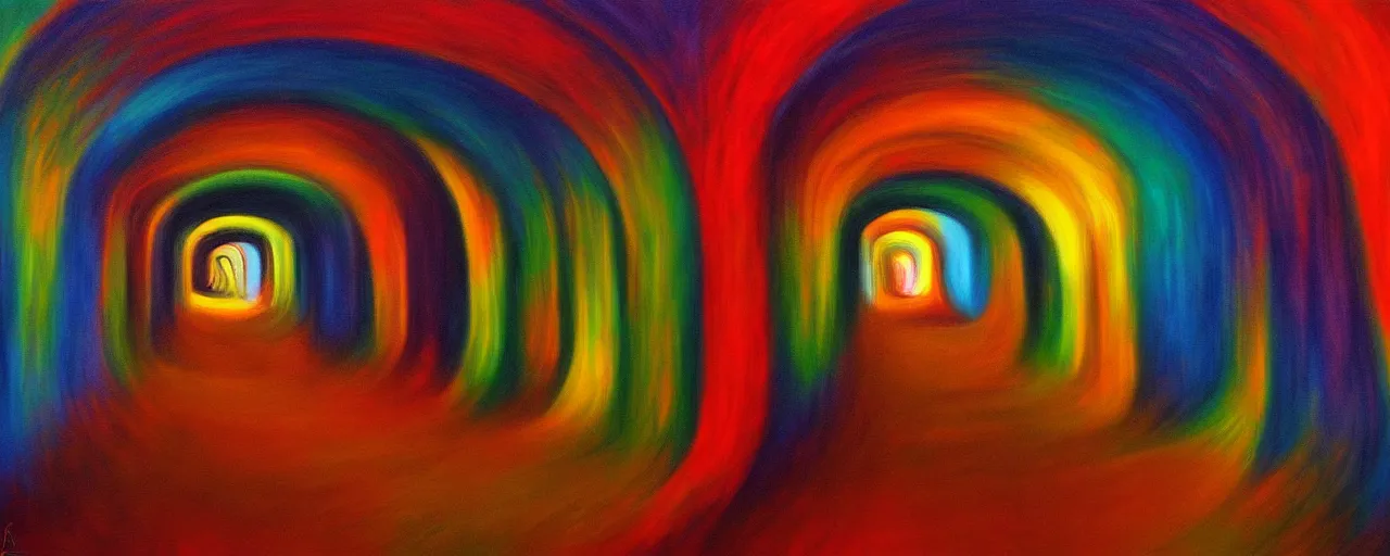 Prompt: long tunnel ego - self axis, surrealistic painting by ronny khalil