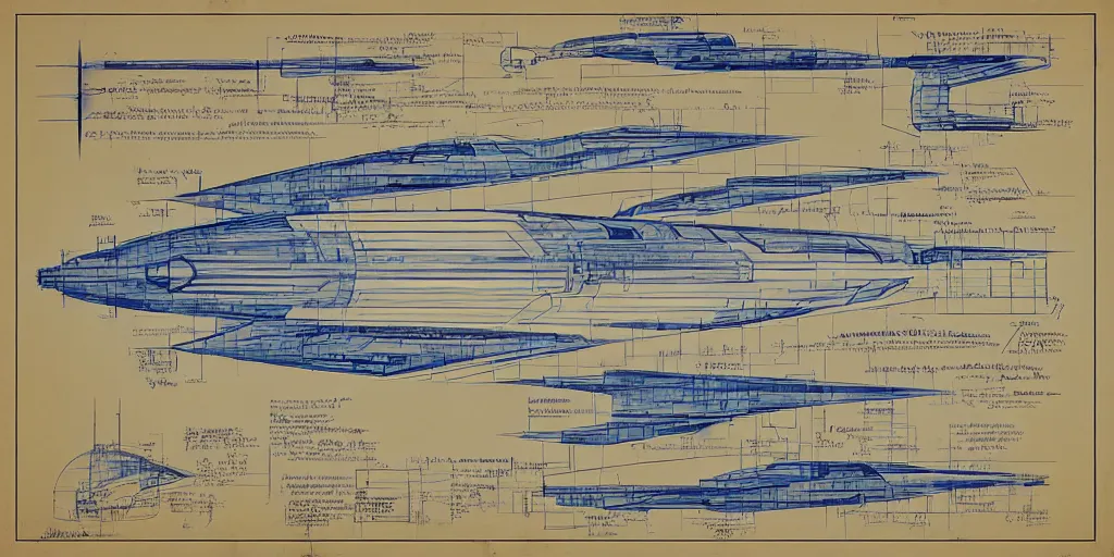 Image similar to blueprint for a sentient starship, technical drawing with annotations and notes in the margins, algorithms and physics equations, concept design by peter mohrbacher and craig mullins and hiroshi yoshida and james jean and frank frazetta and michael whelan and andreas rocha