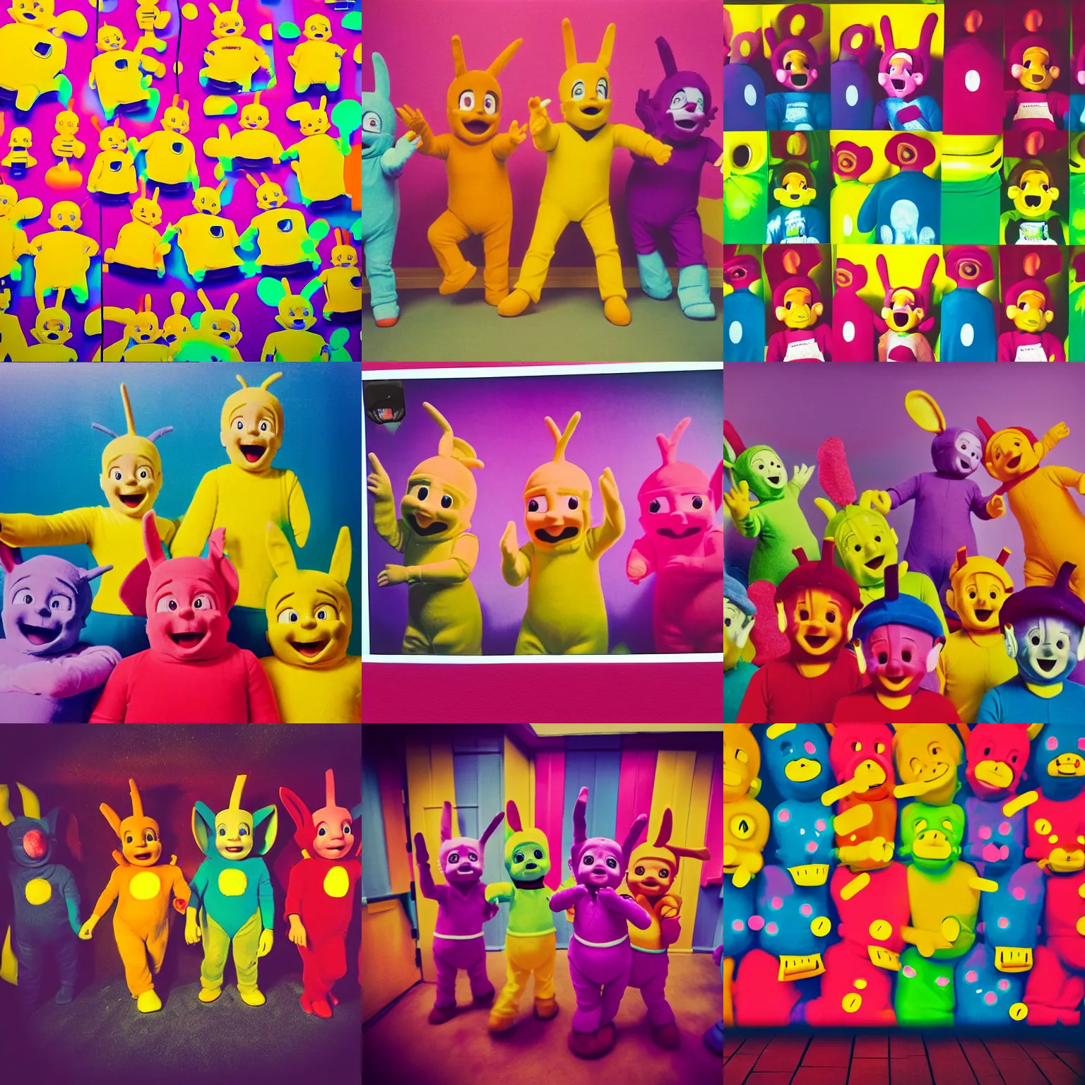 Prompt: colorful happy expressive lively teletubbies in the backrooms, joyfuly looking at camera, flash lights, polaroid