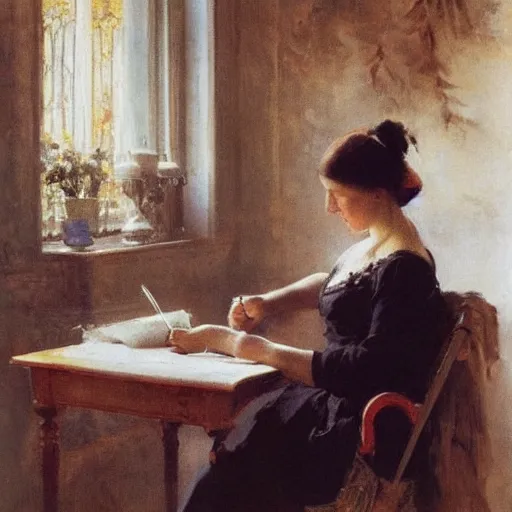 Prompt: a woman is writing a letter with a golden feather pen, by anders zorn, oil painting