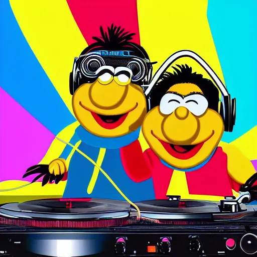 Image similar to svg sticker of a Pop-Wonder Bert&Ernie, Sesame-Street, at a rave, spinning records, giant headphones rocking out, wearing headphones, huge speakers, dancing, rave, DJ, spinning records, digital art, amazing composition, rule-of-thirds, award-winning, trending on artstation, featured on deviantart