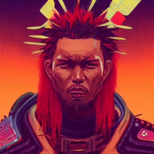 Image similar to portrait painting of a maori street samurai with spiky red hair, cyberpunk, glitchwave, sharp focus, award - winning, trending on artstation, masterpiece, art by josan gonzales and moebius