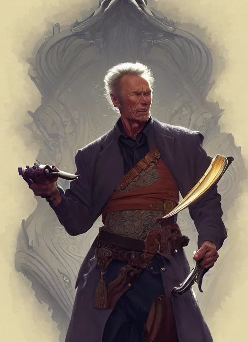 Image similar to clint eastwood as oscar diggs, intricate, d & d, wizard, fantasy, art nouveau, digital painting, trending on artstation, sharp focus, wide shot, illustration, global illumination, ray tracing, art by artgerm and greg rutkowski and ruan jia