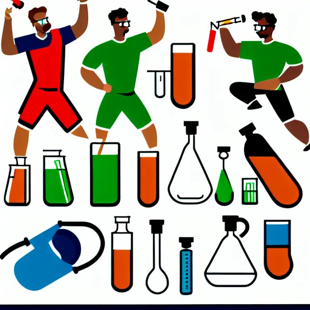 Prompt: scientist with beakers and flasks in rushing linebacker pose vector logo, professional sports style, flat colours, bright colours, Adobe EPS, SVG, professional, sharp edges