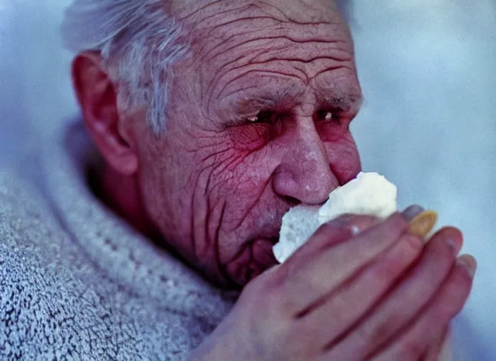 Prompt: a extreme close - up, color studio photographic portrait of a old russian man eating ice, dramatic backlighting, 1 9 9 3 photo from life magazine,