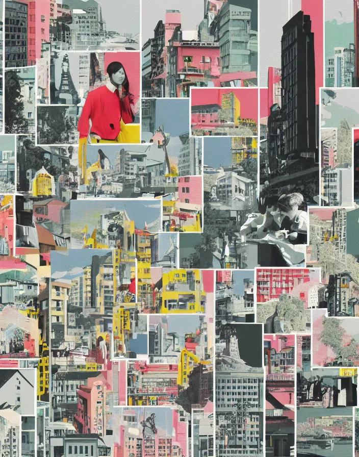 Prompt: fukuoka city landmarks, a collage painting, in the style of wes anderson, lola dupre, david hockney, isolated on negative white space background dark monochrome fluorescent spraypaint accents volumetric octane render, no double figure