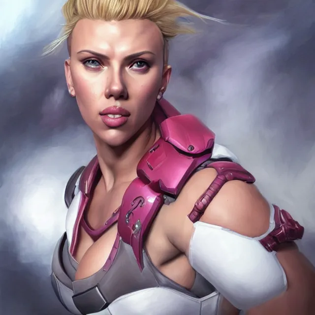 Image similar to detailed portrait of scarlett johansson as a female bodybuilder zarya from overwatch, attractive, beautiful, fantasy, intricate, elegant, highly detailed, digital painting, artstation, concept art, matte, sharp focus, illustration, art by aenaluck, artgerm and roberto ferri and greg rutkowski, epic fantasy, digital painting