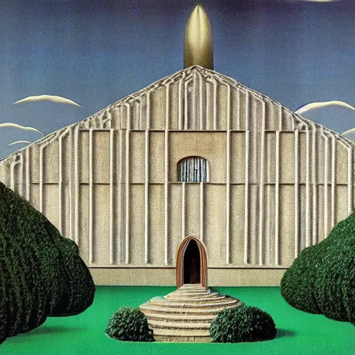 Image similar to elrond's house, rivendell, by rene magritte