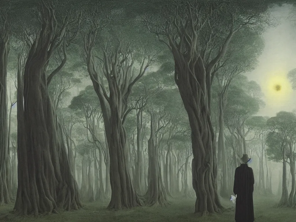 Image similar to albino mystic, with his back turned, looking in the distance at the surreal giant forest of Banyan trees in the fog. Painting by Jan van Eyck, Caspad David Friedrich, Rene Magritte, Agnes Pelton, Max Ernst, Walton Ford