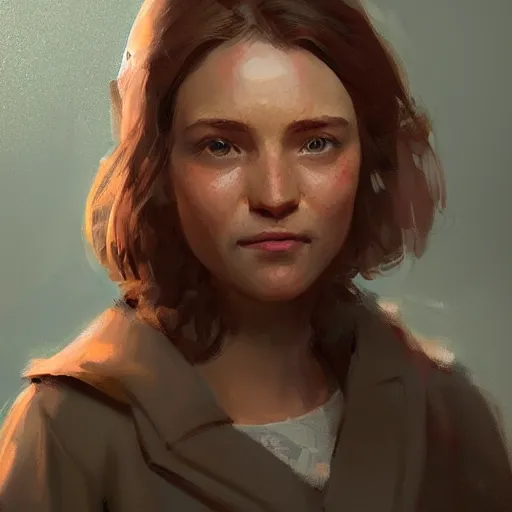 Image similar to portrait of a super friendly woman by greg rutkowski, he is about 2 9 years old, english, auburn slightly red shoulder length hair, brown eyes, cute slighty chubby face, highly detailed portrait, digital painting, artstation, concept art, smooth, sharp foccus ilustration, artstation hq