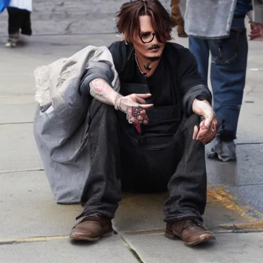 Prompt: johnny depp helping homeless people out