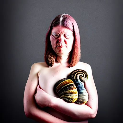 Image similar to modern full body color studio photograph of real snail woman, woman made out of snail