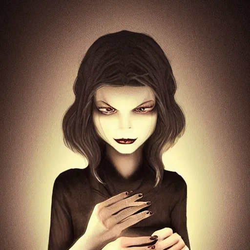 Image similar to A creepy woman with a large cynical smile sits in a dark and gloomy room, the only light is a flickering jittery candle, he writes by the candle in a journal, in a gothic, Halloween, and atmospheric art style, artstation digital art, trending on artstation, artstationHQ, artstationHD.