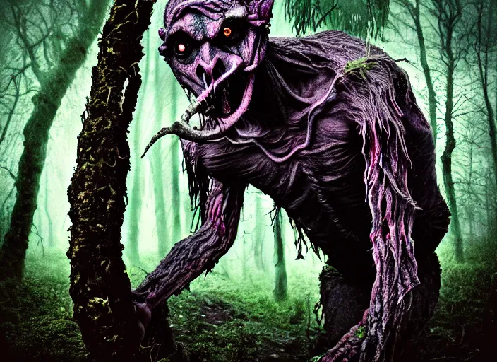 Prompt: an incredibly scary and very very unique monster creature of evil nature with animal, human and tree like characteristics, ancient folk legend in the forest, extremely creative and detailed, gloomy colors, 1 8 mm lens, digital medium format photography