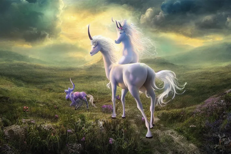 Image similar to this is the story of the last unicorn on earth. photo - realistic hd, hyperrealism, colourful, highly detailed, cinematic, luminescence, 3 2 k, dop, high contrast, intricate, mystery, epic, fantasy