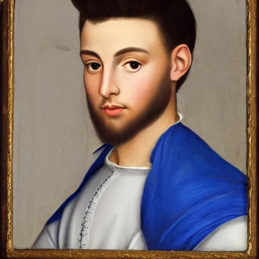 Prompt: a handsome Spanish teenage boy with dark hair and blue eyes, sharp jawline with a light beard, done in the style of a renaissance royal portrait