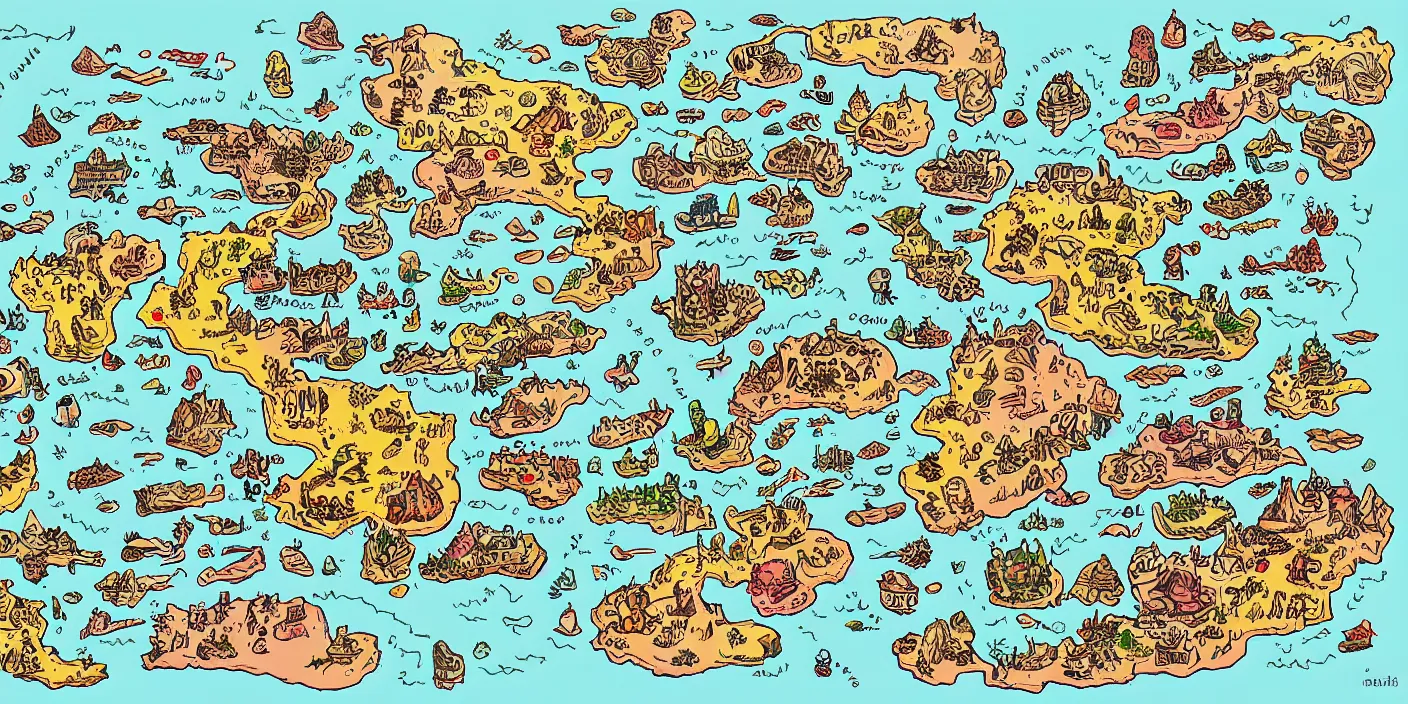 Image similar to a rpg map with regions in separated colors surrounded by ocean detailed, flat colors and strokes illustrated by Mattias Adolfsson