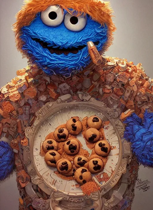 Prompt: portrait of Deliriously happy Cookie Monster in Society (1989), intricate, highly detailed, centered, solid color background, digital painting, artstation, concept art, smooth, sharp focus, illustration, artgerm, donato giancola, Joseph Christian Leyendecker, WLOP, Artgerm