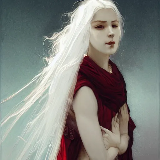 Image similar to portrait of a beautiful ethereal delicate meditative catholic bishopric sacred pose catholic steps of the cross, white hair with big black and red horn, intricate, elegant, highly detailed, digital painting, artstation, concept art, smooth focus et sharp, illustration, art by krenz cushart and artem demura and alphonse mucha