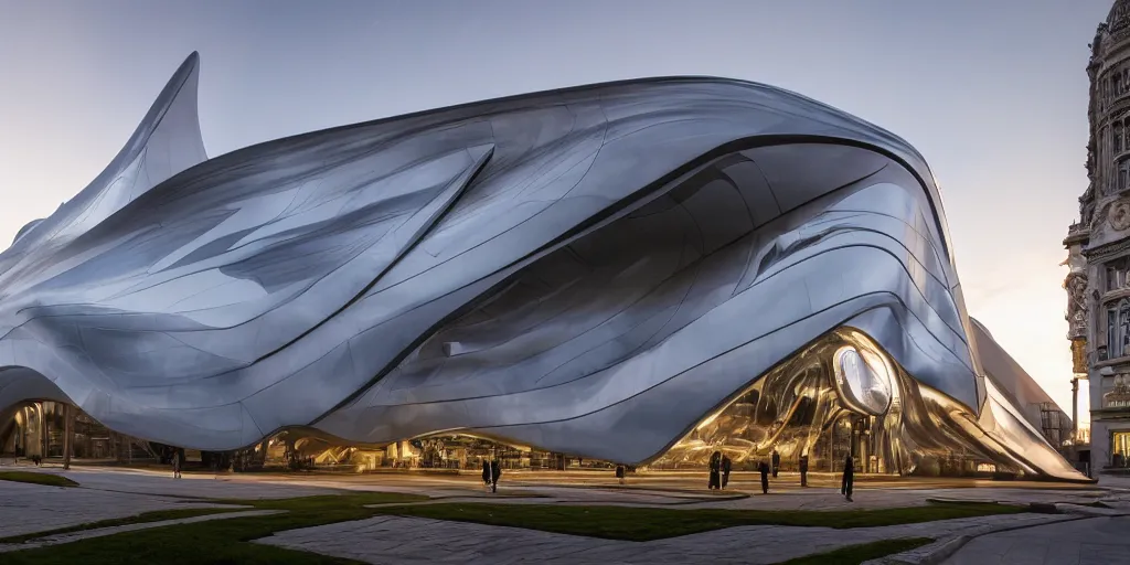 Image similar to extremely detailed ornate stunning sophisticated beautiful elegant futuristic museum exterior by Zaha Hadid, stunning volumetric light, stainless steal, concrete, translucent material, beautiful sunset, tail lights