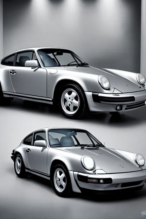 Image similar to Photo of a silver Porsche 911 Carrera 3.2, daylight, dramatic lighting, award winning, highly detailed, 1980s Versace ad, Fashion photography