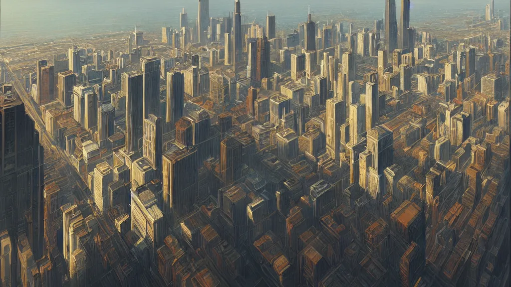 Prompt: isometric view of chicago, il, beautiful painting by greg rutkowski, trending on artstation