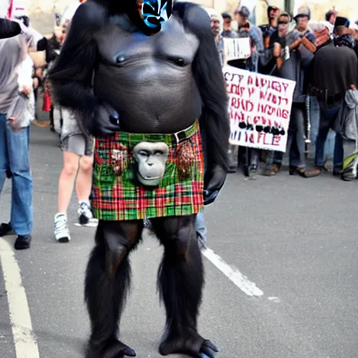 Prompt: A gorilla at an anti-war protest, wearing a kilt