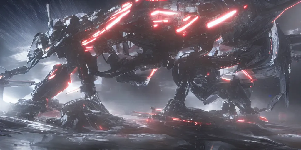 Prompt: white mecha armed with a long and thin lance fights against a giant horrifying tentacles monster made of human flesh in deep space, highly detailed, flashy red lights, dead space style, rendered in blender