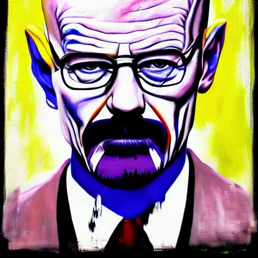 Image similar to walter white wearing the joker suit, dripping painting