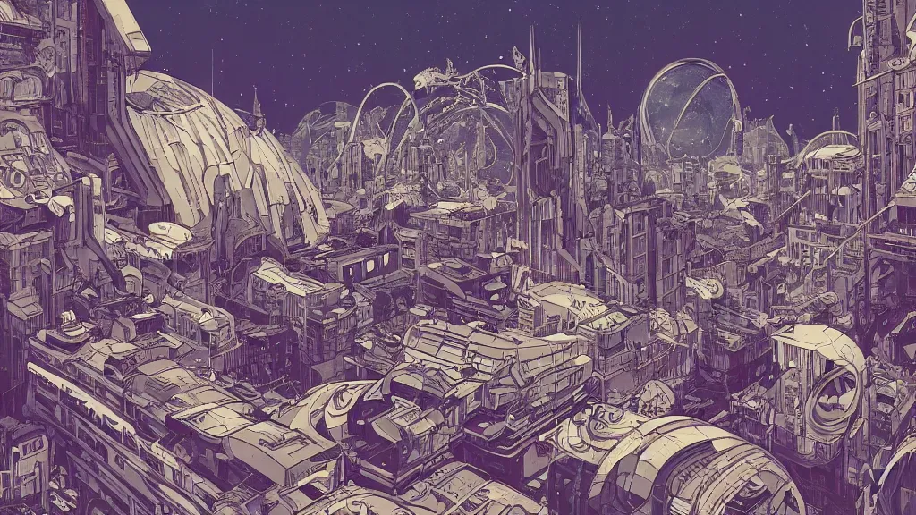 Image similar to very detailed, epic art nouveau graphic novel, ilya kuvshinov, mcbess, rutkowski, simon roy, illustration of space dystopian metropolis, illustration of decrepit cyberpunk arcologies, space junk falling from sky, wide shot, colorful, deep shadows, astrophotography, hyperdetailed, cybernetics, cryengine, realistic shaded lighting, sharp focus