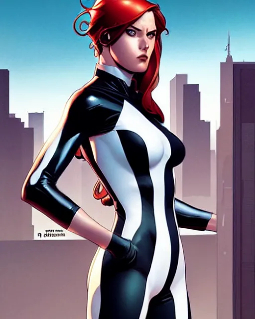 Image similar to phil noto comicbook cover art, artgerm, female domino marvel, symmetrical eyes, long red hair, full body, city rooftop