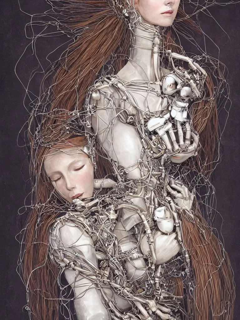 Prompt: portrait of a beautiful female android robot holding a sleeping fox in her arms, there are wires coming from her heart, tangled and entwined with her long flowing hair, mecha, biopunk, skeletal, bones, by Kenne Gregoire