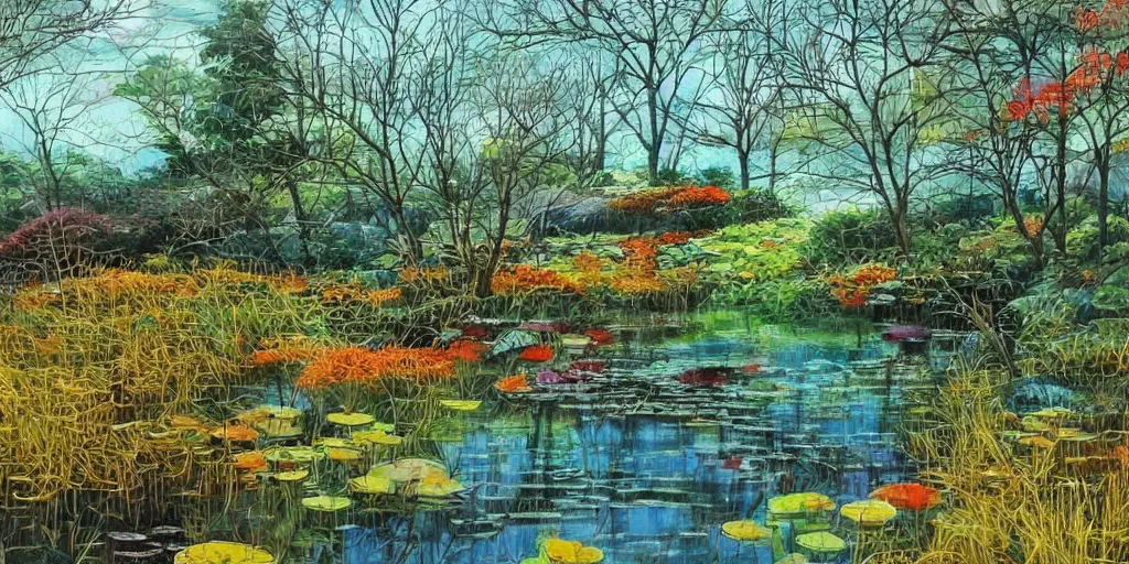 Image similar to pond landscape, by feifei ruan, intricate, sharp focus, detailed, serenity, lively colors