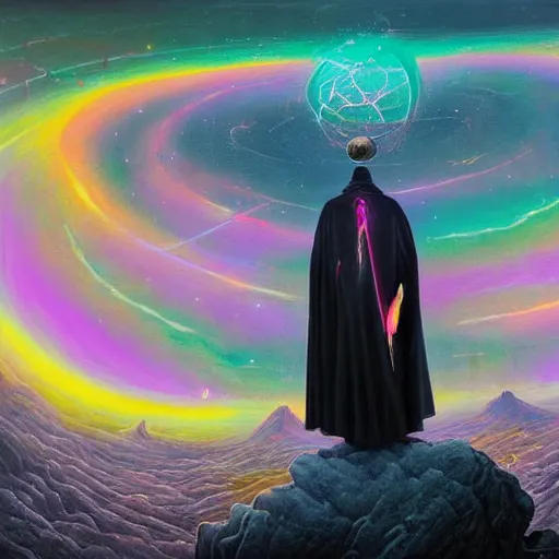 Image similar to A robed wanderer stands atop the final summit at the end of time as witness to the final fleeting moments of the universe. A highly detailed surreal oil painting on neon geometric canvas of the last wizard and the doom of spacetime.