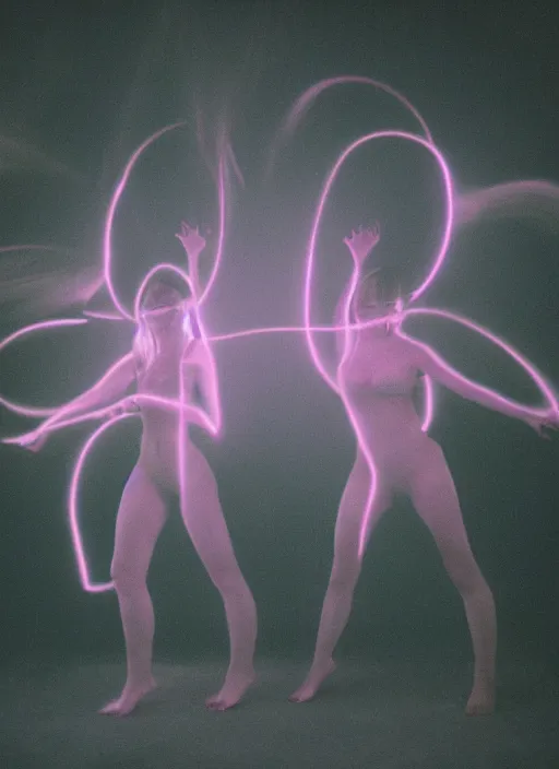 Image similar to symmetrical females ascending astral projection, heavy glowing aura, motion blur, long exposure, film grain, cinematic lighting, experimental film, shot on 1 6 mm