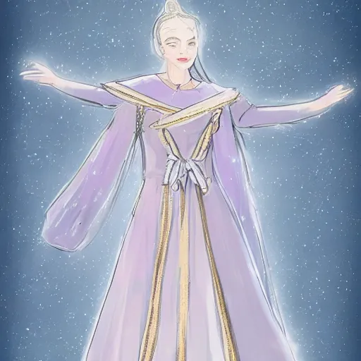 Image similar to concept art for a LARP costume, long layered robes decorated with constellation patterns, light pastel color scheme, long sleeves, elegant, graceful, serene, refined, poised, focused, subtle, poise